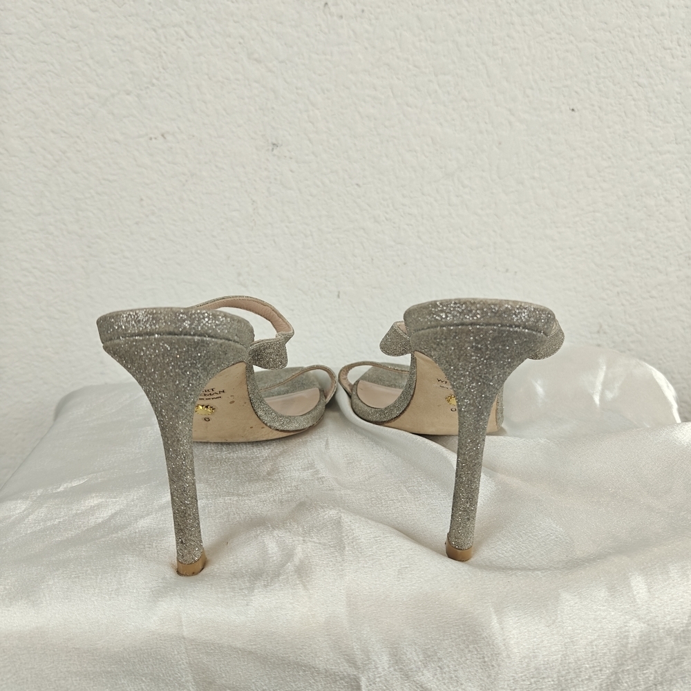 Stuart Weitzman Aleena 75 Silver Glitter Sandal Heels, Size 6 Womens - Picture 9 of 11